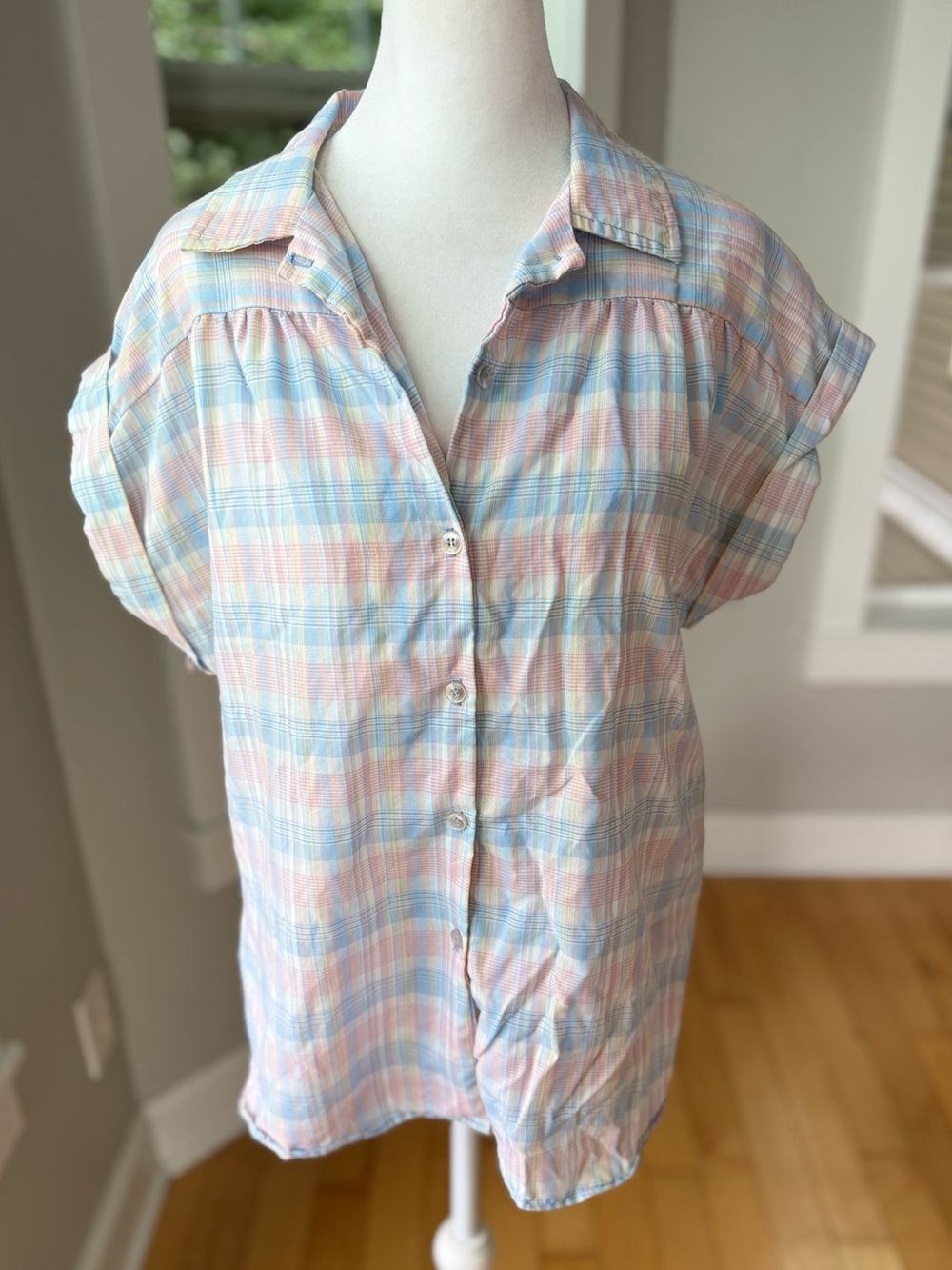 Vintage 90s Pastel Plaid Cotton Blend Button Down Camp Shirt Sz Medium